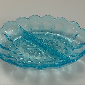Vintage Fairfield Aqua Blue Anchor Hocking Oval Divided Glass Candy Dish 7”x5”